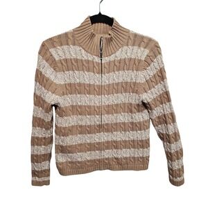 LL Bean Sweater Full Zip Women Size M Petite Cable Knit 100% Cotton ID 290769